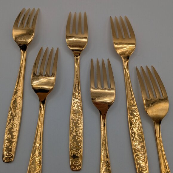 Americana Golden Heritage Flatware Golden Scroll 6 Dinner Forks 6.75" Vintage - Picture 7 of 14